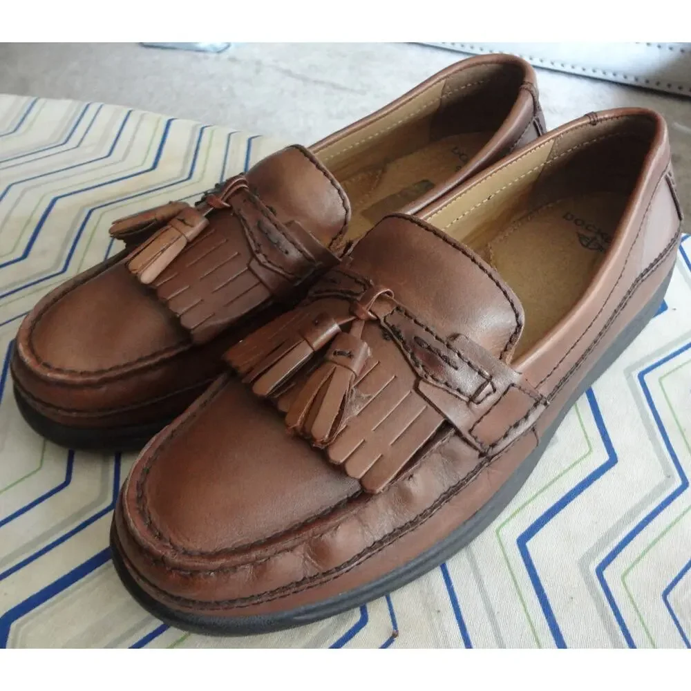 Vintage 90s Y2K DOCKERS Brown Leather Loafers Boat Men 9.5 Tassel Kiltie Casual